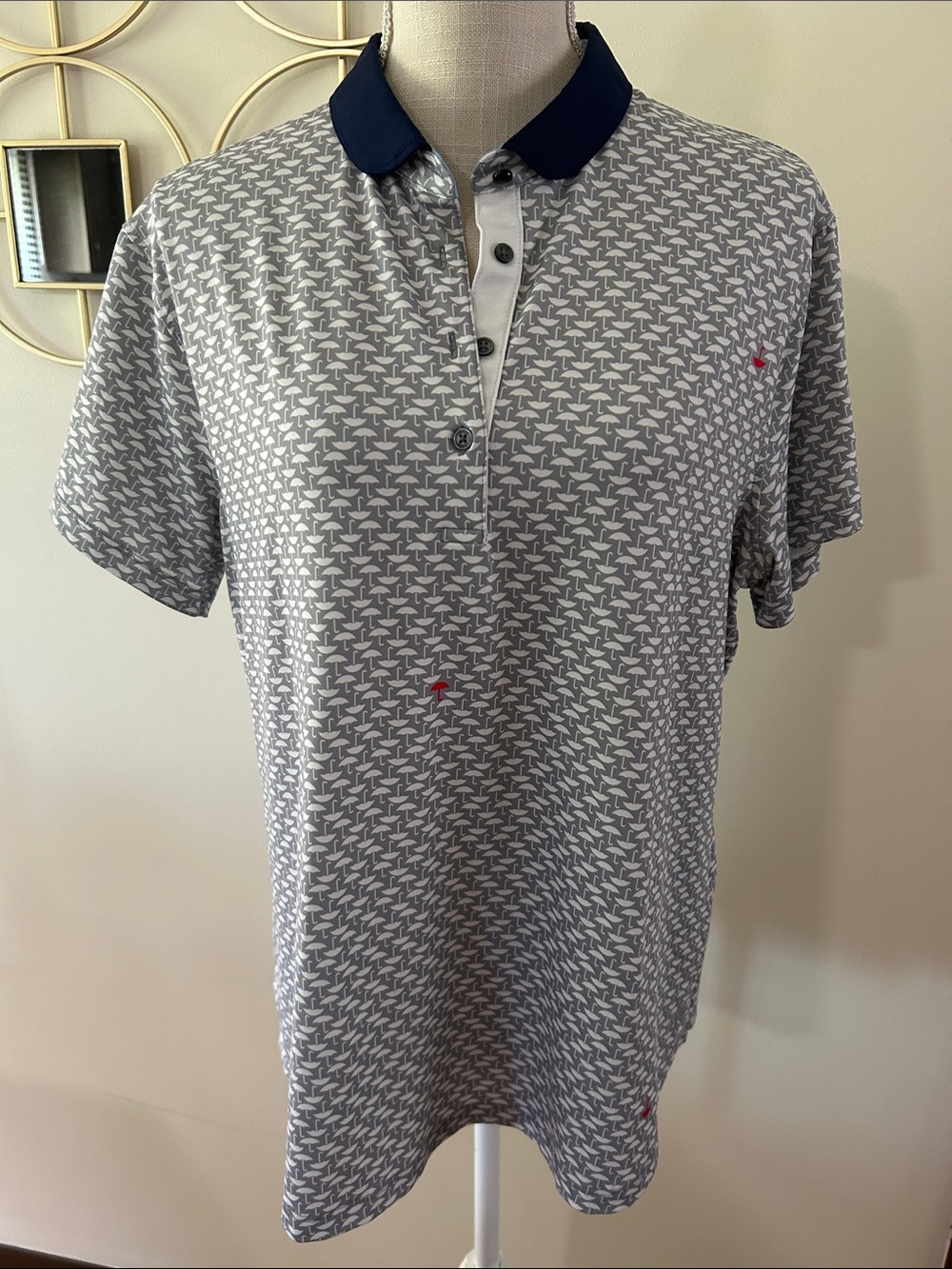 Greyson Grey Patterned Umbrella Polo shirt with Navy Contrast Collar, Golf, XL